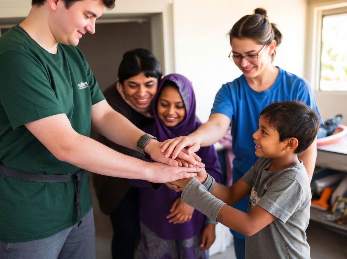 Volunteers extending hands to a family in support